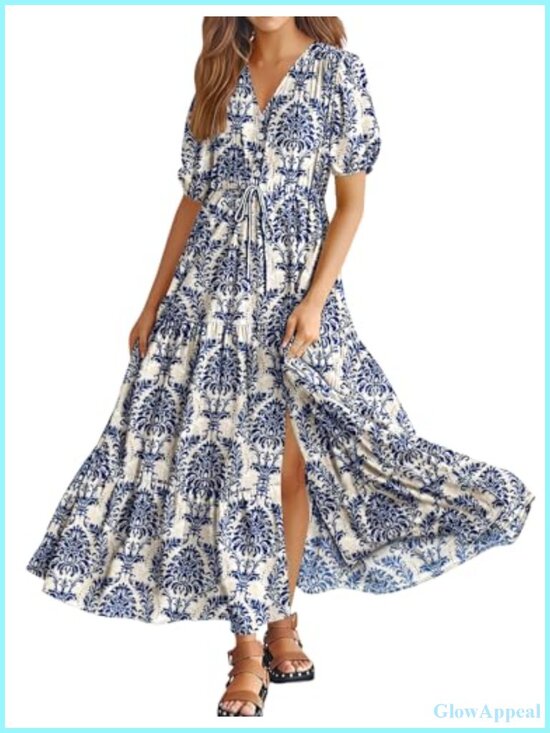 Dresses & Skirts - Boho Maxi Dress V Neck Puff Sleeve Tiered Split Flowy Casual Dress with Pockets